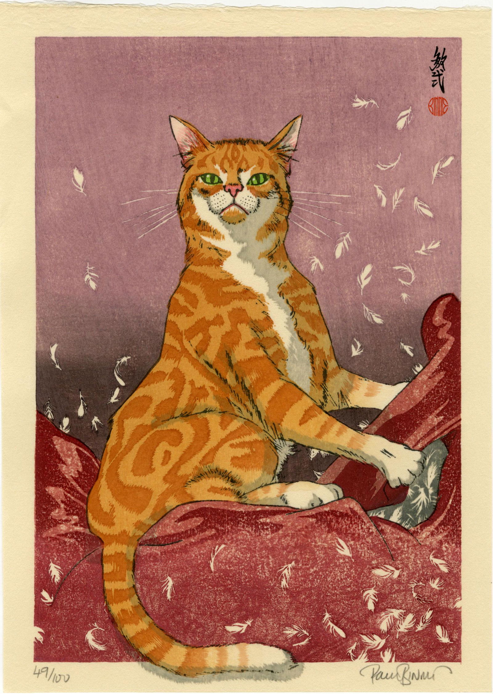 Paul Binnie: Cat Feathers (Red) 1st Ed Woodblock: Japanese Woodblock Print, 2018, numbered 49/100 and signed in the bottom margin, self-published by Paul Binnie SIZE IN INCHES: 9.25 x 13.25 inches PAUL BINNIE (b.1967) is a Scottish artist working in