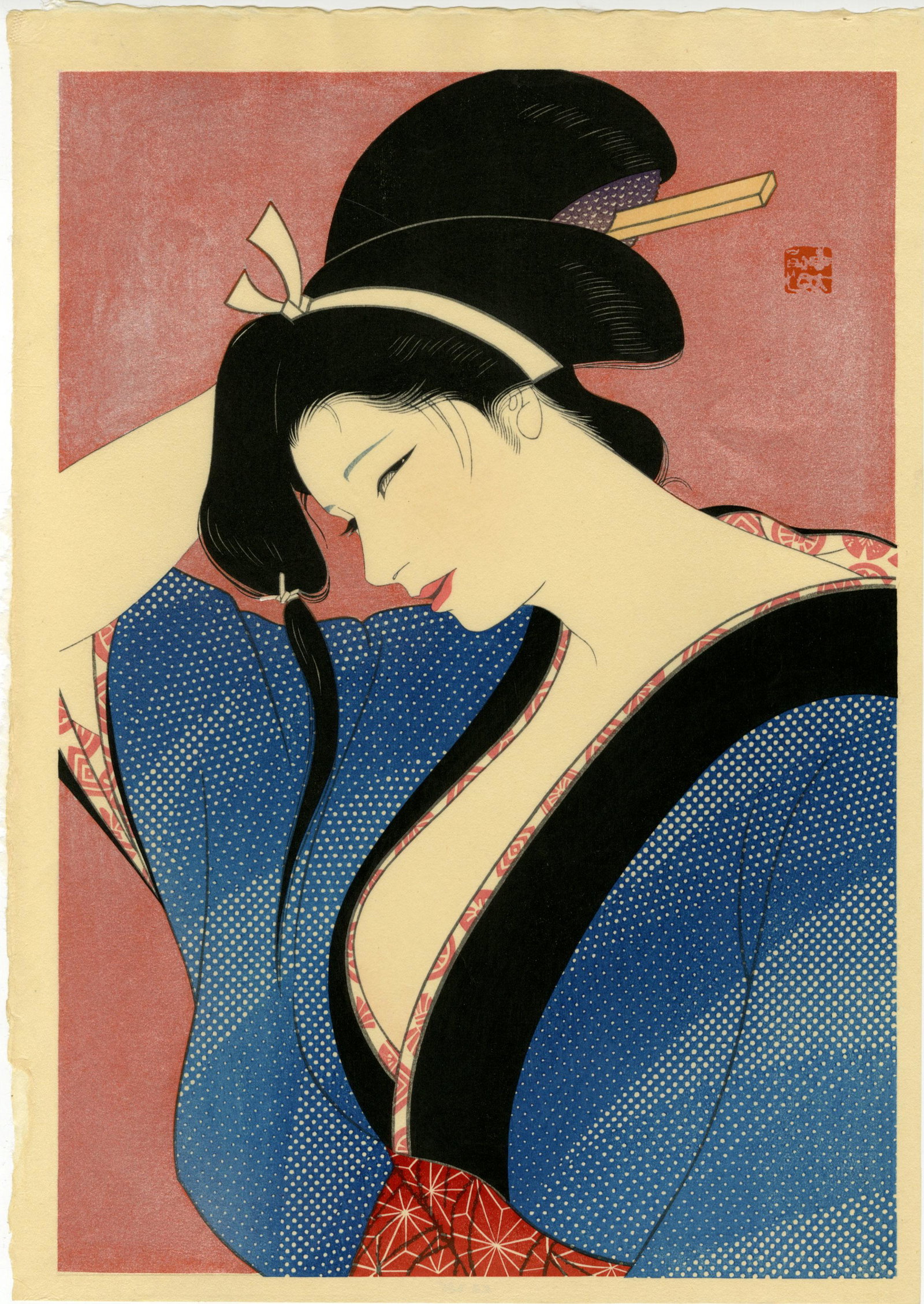 Sentaro Iwata: Beauty in Edo Era 1970 Woodblock: Japanese Woodblock Print, 1970, portrait of a Bijin after bathing from the series "Compilation of Masterpieces of Bijin Woodblock Prints", published between 1960-70. SIZE IN INCHES: oban, 16.5 x 11.5 