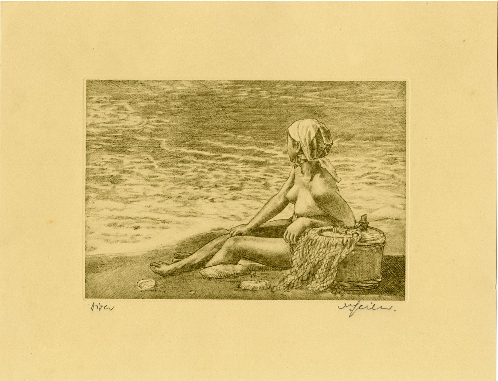 Willy Seiler: Awabi Diver c.1945 1st Ed. Etching: Etching, hand colored c.1945-1950, self-published by Seiler, 1st edition, pencil signed on front and sealed and limitation stamped on verso, numbered 23/250 SIZE IN INCHES: oban, 12.5 x 15.5 inches WI