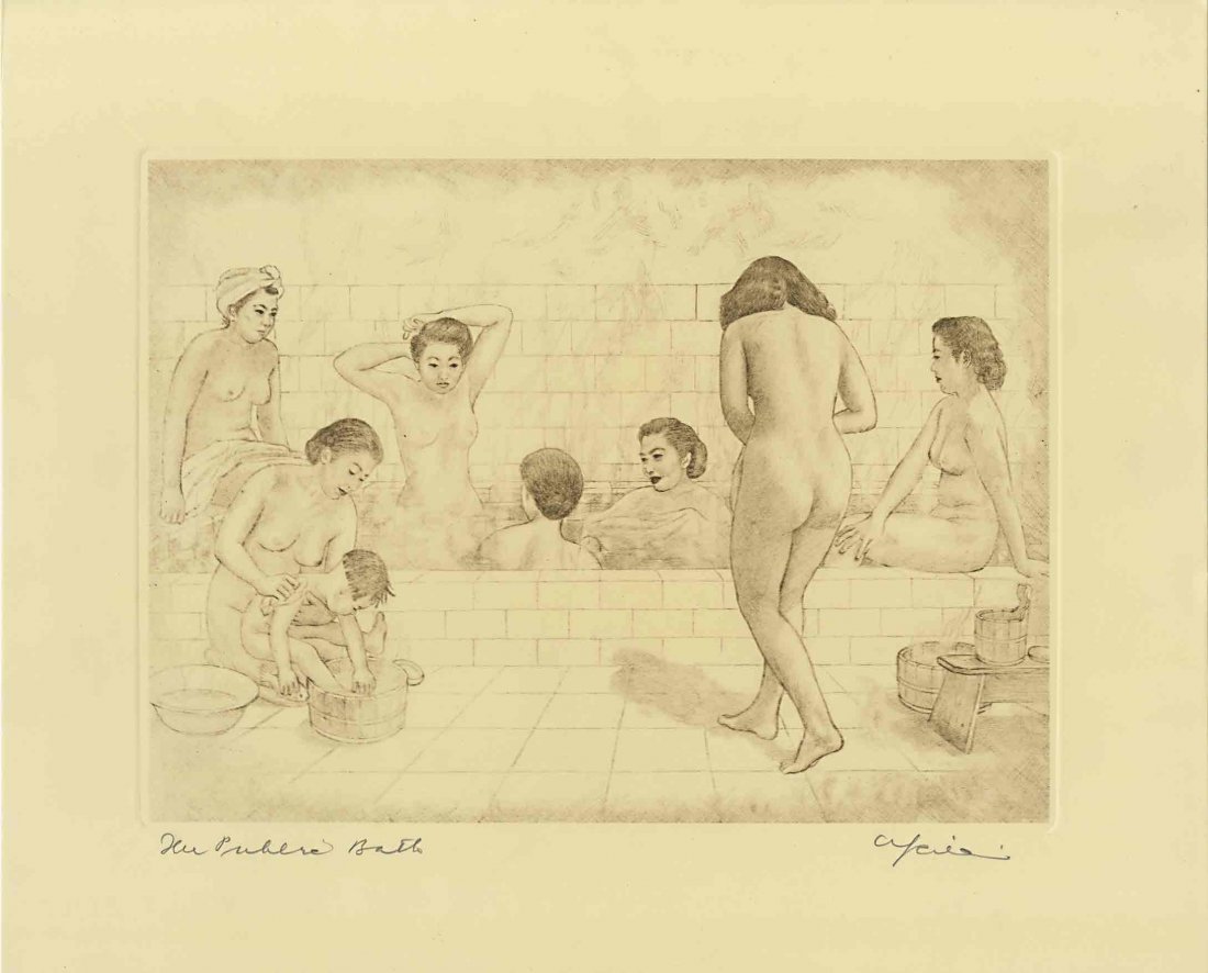 Willy Seiler: Public Bath House c.1945 1st Ed. Etching: Etching, hand colored c.1945-1950, self-published by Seiler, 1st edition, pencil signed on front and sealed and limitation stamped on verso, numbered 80/200 SIZE IN INCHES: oban, 15 x 12.5 inches WILL