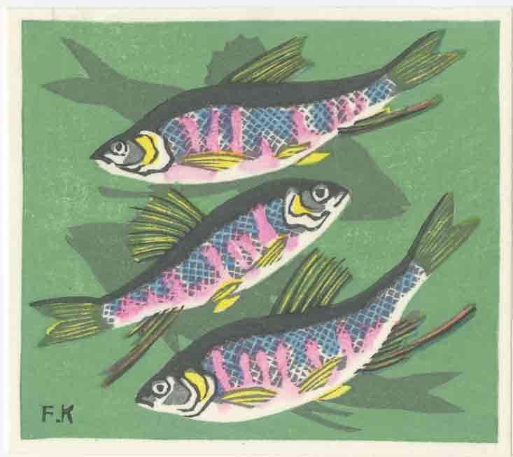 Fumio Kitaoka - Three Fish c1960/70s woodblock NR: Japanese Woodblock Print, c1960/70s, Self Published. SIZE IN INCHES: 5 x 4.5 PROVENANCE: The William Schwed Family Estate - Lifetime Private Collection. COMMENTS: Bold "sosaku hanga" style printing. W