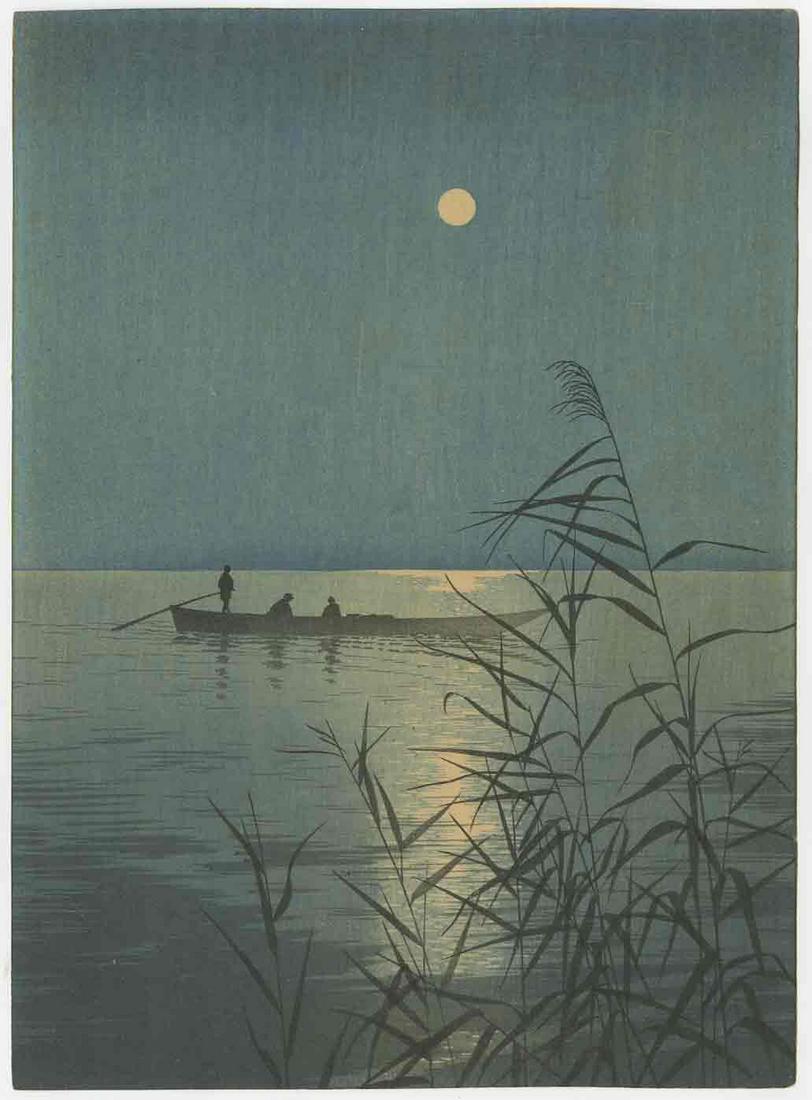 Koho Shoda - Moonlit Sea 1920-30s Woodblock NR: Japanese Woodblock Print, c1920-30's, Hasegawa/Nishinomiya Publisher, "Night Scenes" series (21 designs). SIZE IN INCHES: 6.75 x 9.5 PROVENANCE: The William Schwed Family Estate - Lifetime Private Col