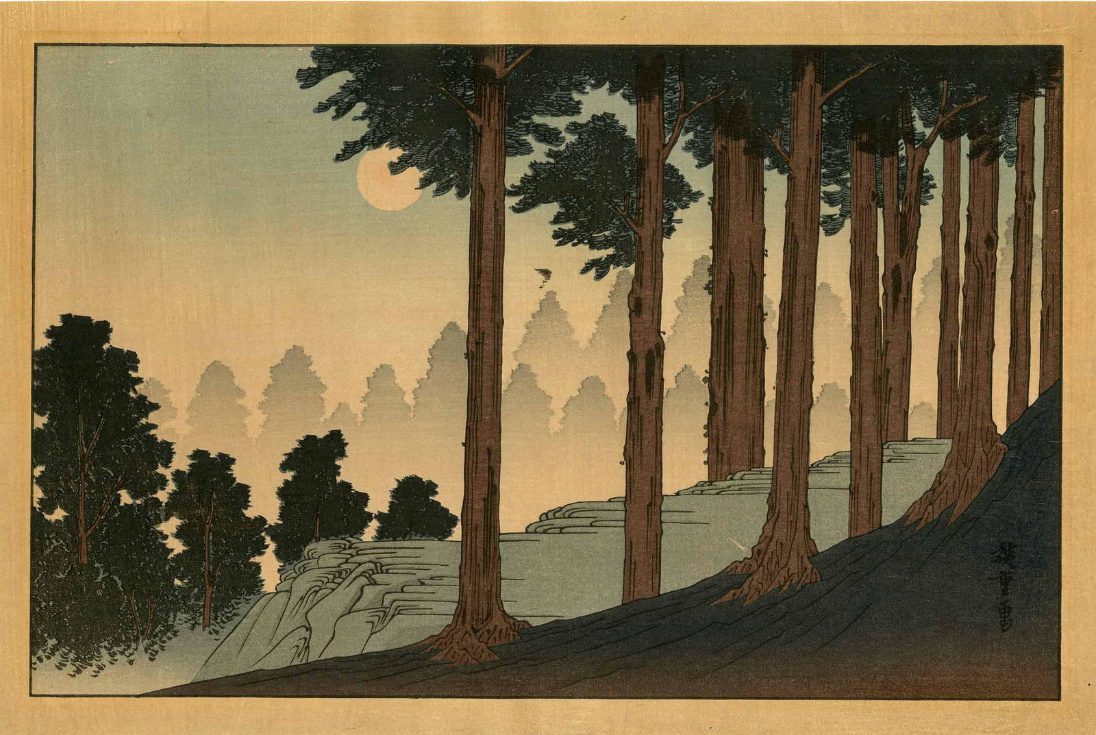 Hiroshige Ando: Mt. Kurama by Moonlight Woodblock: Japanese Woodblock Print, Showa era printing published by Nishinomiya from recarved woodblocks SIZE IN INCHES: oban, 15 x 10 inches HIROSHIGE was born in old Edo (present-day Tokyo) in 1797, during th