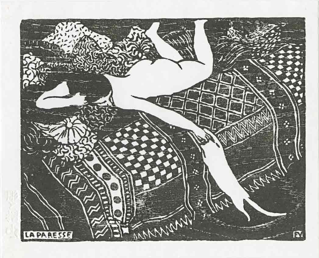 Not Signed: La Paresse (Laziness) Woodblock: Japanese Woodblock Print, not dated, initialled EV in the block SIZE IN INCHES: koban, 7.25 x 5.75 inches COMMENTS: Contemporary print showing a nude on a bed playing with their cat.