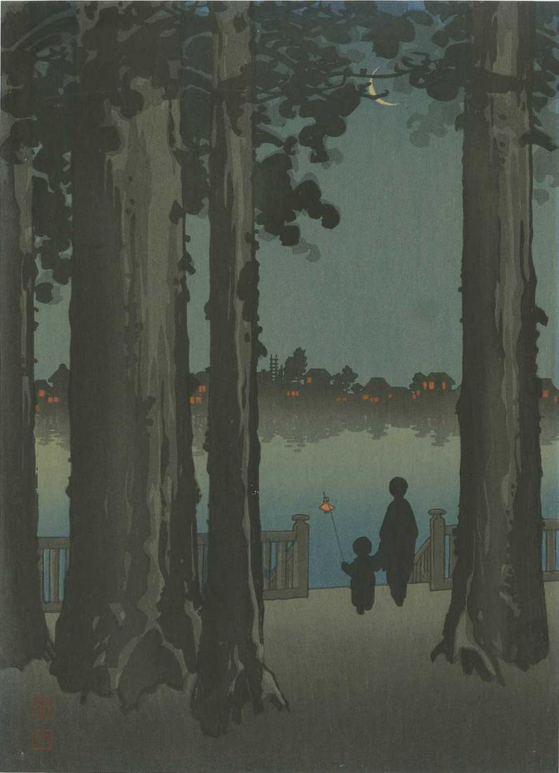 Shoda Koho: Ueno Park at Night Woodblock NR: Japanese Woodblock Print, Japanese Woodblock Print, 1910s, published by Hasegawa SIZE IN INCHES: chuban, 7.25 x 10 inches COMMENTS: The "Night Scene" series of prints published during the early 1900's