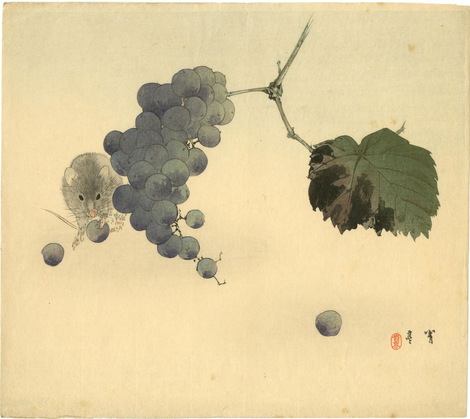 Watanabe Seitei - Mouse & Grapes c1930 MULLER woodblock (1 of 2)