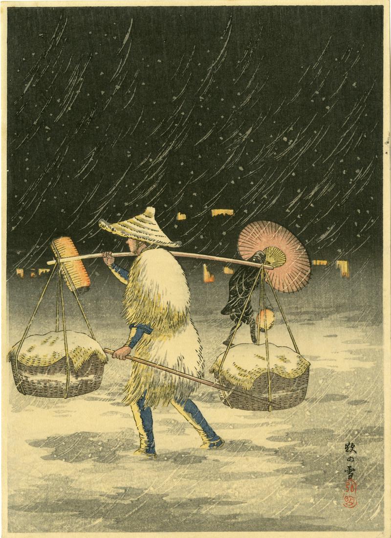 Shotei Takahashi - Peddler on Snowy Night c1930 MULLER (1 of 2)