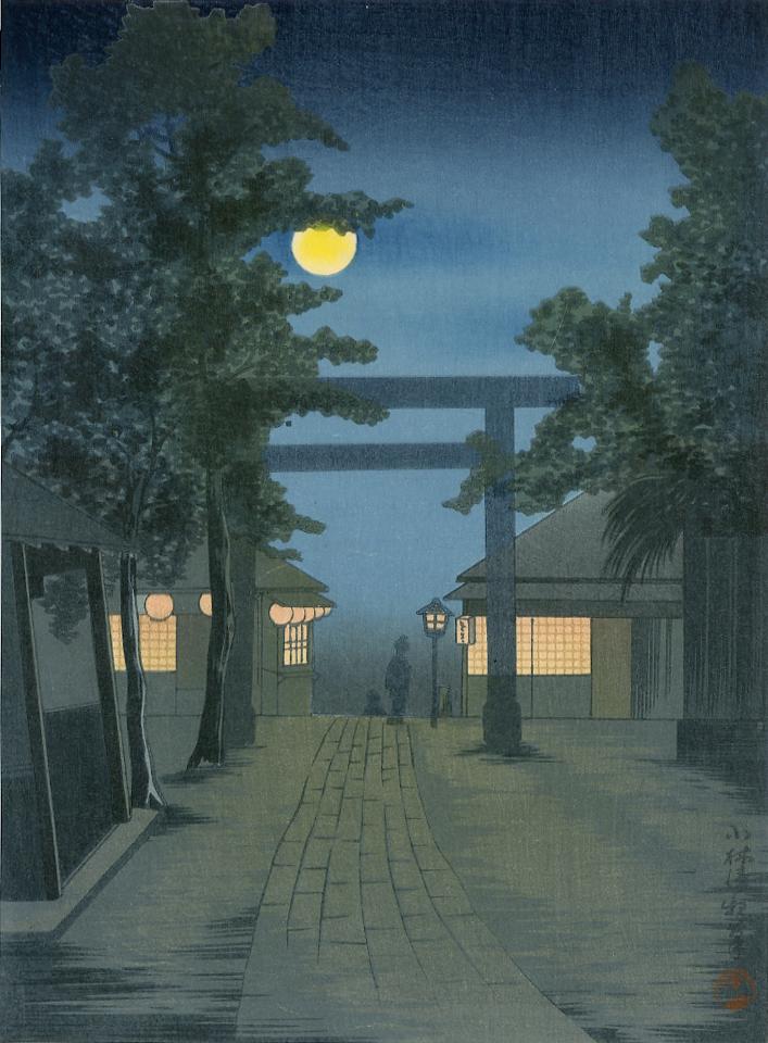 Kiyochika Kobayashi: Shrine at Night 1930s Woodblock: Japanese Woodblock Print, c.1930s published by the Shima Art Co. SIZE IN INCHES: chuban, 7.5 x 10.25 inches PROVENANCE: From the Robert O. Muller estate. KOBAYASHI KIYOCHIKA (1847-1915) was a Japanese