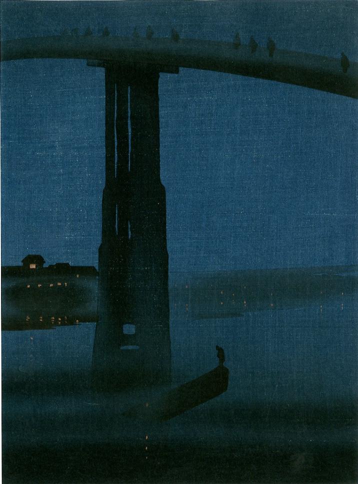Eijiro Kobayashi: High Bridge by Night 1930s Woodblock (1 of 2)