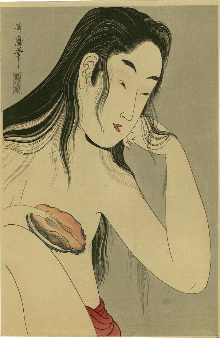 Utamaro Kitagawa: Awabi Diver with Shell Woodblock (1 of 2)