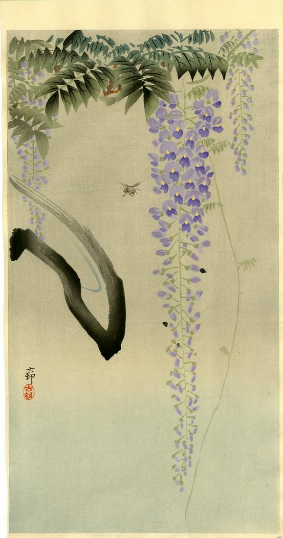Koson Ohara: Bee and Wisteria 1920s Woodblock: Japanese Woodblock Print, c1920s, Daikokuya Publisher SIZE IN INCHES: 7 3/8 x 13 3/4 inches (plus margins) Superbly executed "bokashi" shading, "gauffrage" (embossing), distinctly visible "woodgrain" 