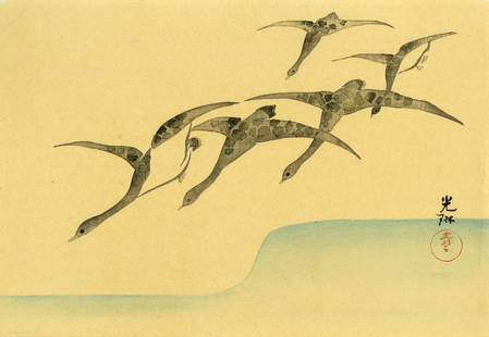 Ogata Korin: Gray Geese in Flight 1930s Woodblock: Japanese Woodblock Print, c. 1930s; published by Hasegawa SIZE IN INCHES: oban, 10 x 14.25 inches OGATA KORIN (1657- 1716), Japanese painter and lacquerer, was born in Kyoto, the son of a wealthy merc