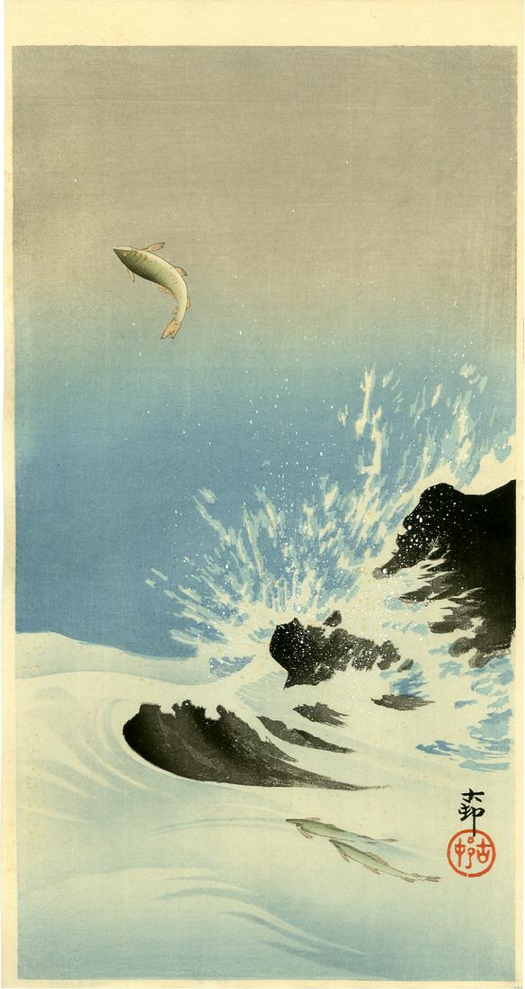 Ohara Koson: Jumping Salmon in Rapids 1920s Woodblock: Japanese Woodblock Print, 1920s, published by Daikokuya SIZE IN INCHES: ohosoban, 7.5 x 14.5 inches PROVENANCE: From the Robert O. Muller estate OHARA KOSON (1877-1945), who also went by the art names