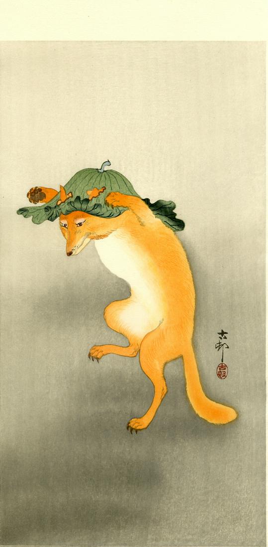 Ohara Koson: Dancing Fox Woodblock Print (1 of 2)