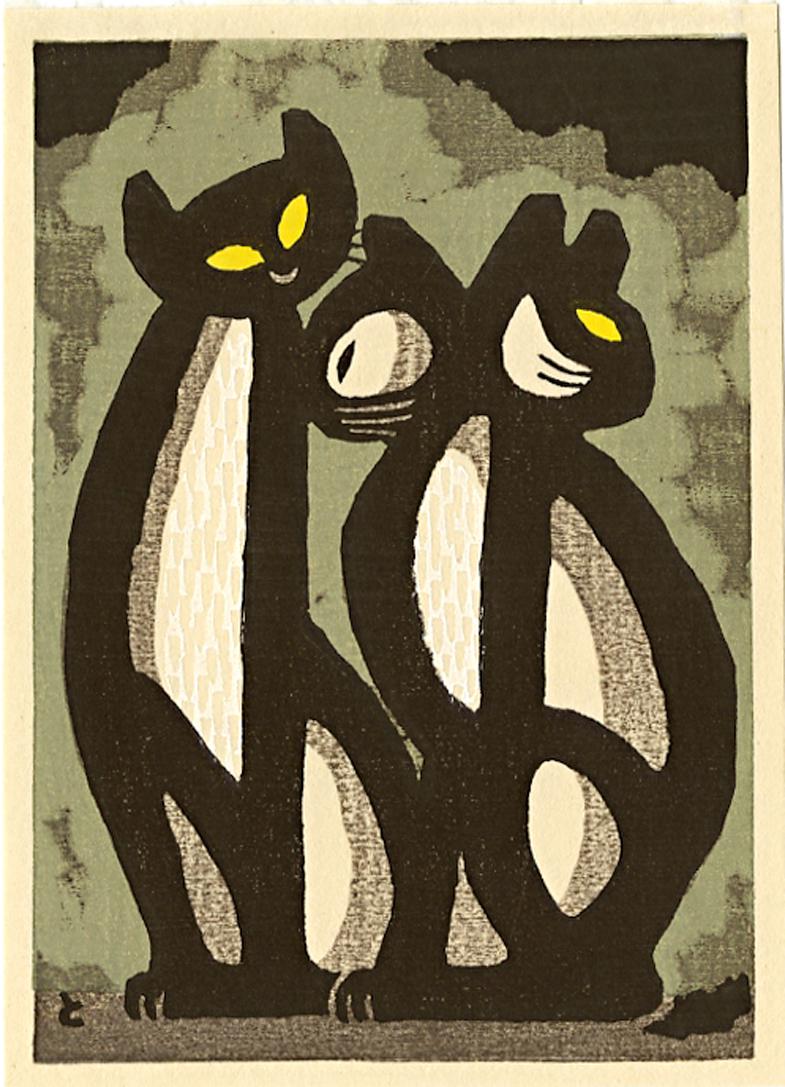 Tomoo Inagaki: Three Cats Sitting 1980s Woodblock (1 of 2)