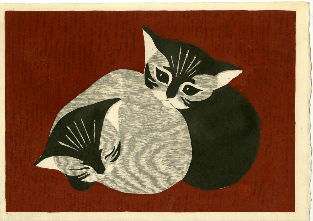 Kaoru Kawano: Two Cats (Kittens) 1950s Woodblock (1 of 2)