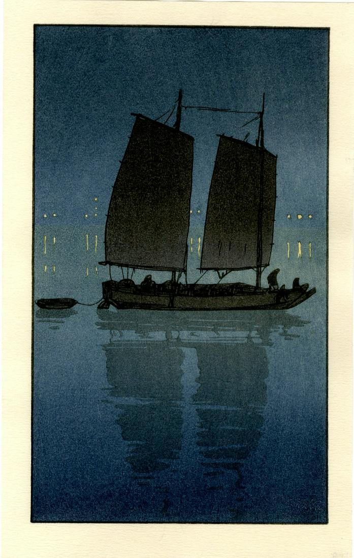 (After) Hiroshi Yoshida -Traditional Sailing Boat Night: Japanese Woodblock Print, 2001, Mokuhanga-kan Publisher. SIZE IN INCHES: 5.5 x 9 COMMENTS: Skillfully executed "bokashi" shading, light "gauffrage" (embossing), nicely visible woodgrain, life-like ref