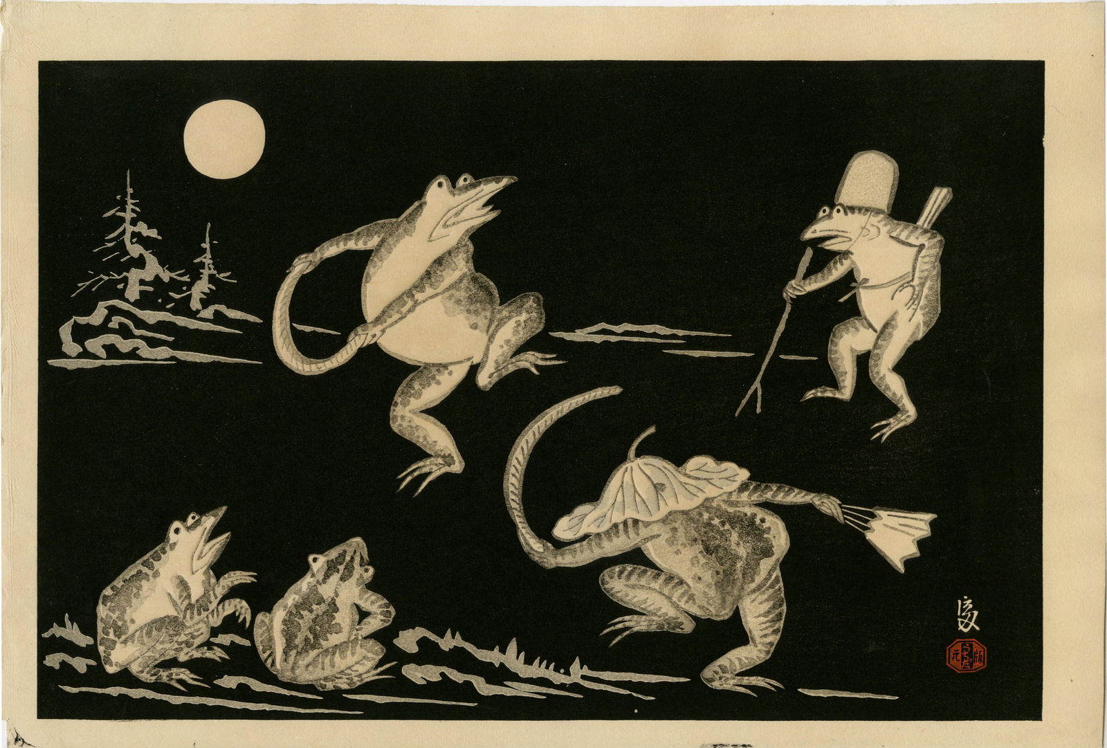 Tomikichiro Tokuriki - Frogs and Moon c1950 woodblock: Japanese Woodblock Print, c1950s, Uchida Publisher, early edition. SIZE IN INCHES: 17 x 11.5 COMMENTS: Skillfully executed "bokashi" shading, deep "gauffrage" (embossing), saturated jet-black backgrou