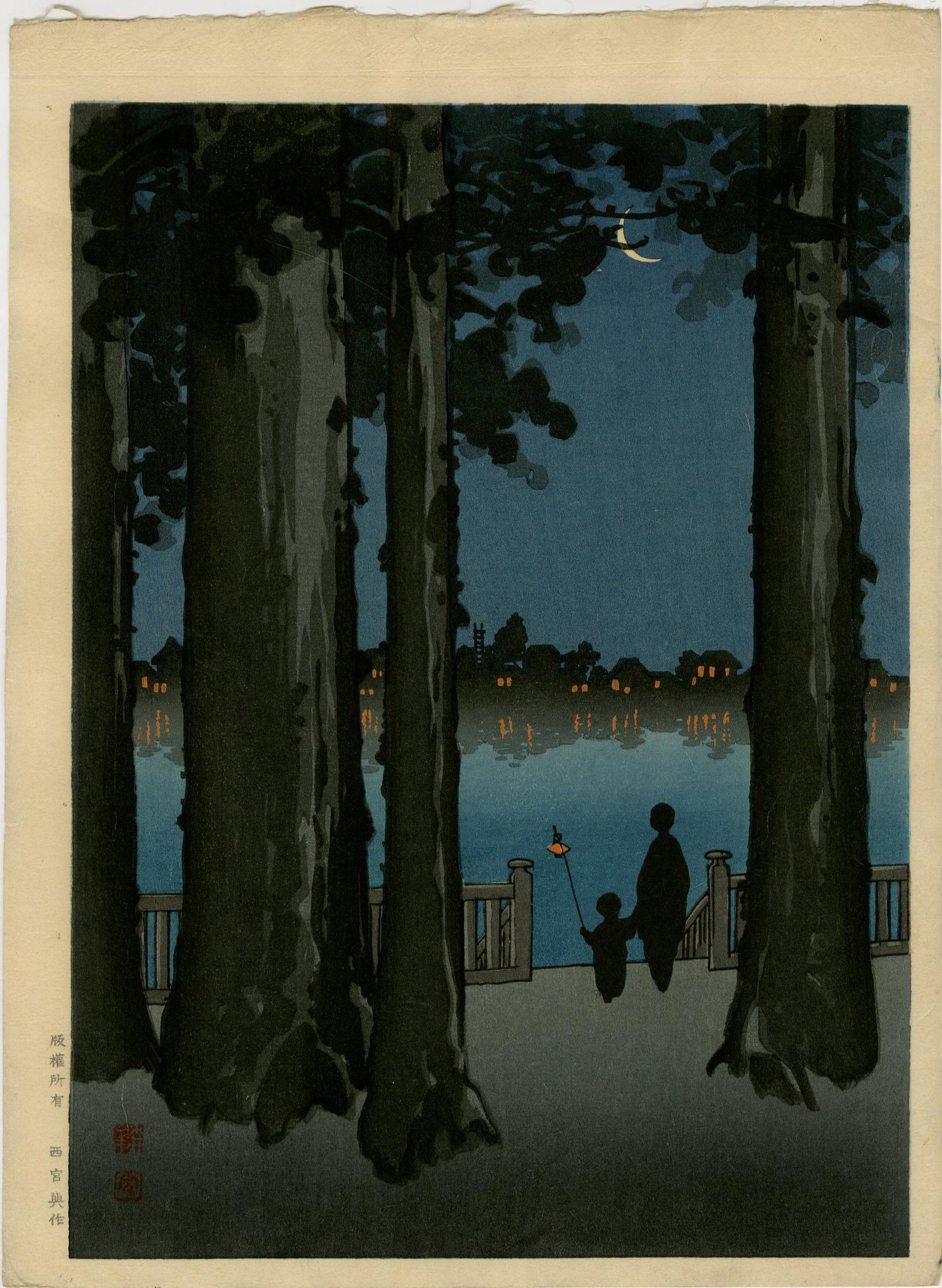 Koho Shoda - Ueno Park 1920/30s MULLER woodblock Old: Japanese Woodblock Print, c1920-30's, Hasegawa/Nishinomiya Publisher, "Night Scenes" series (21 designs). SIZE IN INCHES: 8.25 x 11 PROVENANCE: The Robert O. Muller Estate COMMENTS: Skillful "bokashi"
