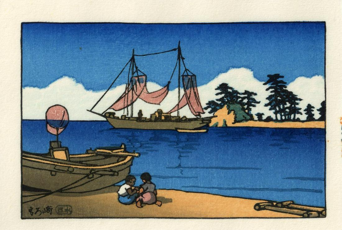 Hasui Kawase: Children Playing 1930s Woodblock: Japanese Woodblock Print, c. 1930s this later printing from the original woodblocks by Watanabe Color Print Co. SIZE IN INCHES: yatsugiri-ban, 6 x 4 inches COMMENTS: The shin hanga publisher Watanabe 
