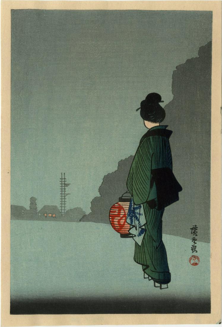 Hiroshige: Woman with Lantern 1930s Woodblock: Japanese Woodblock Print, 1930s, published by the Shima Art Co. SIZE IN INCHES: 5 x 7.5 inches PROVENANCE: From the Robert O. Muller estate HIROSHIGE was born in old Edo (present-day Tokyo) in 1797, d