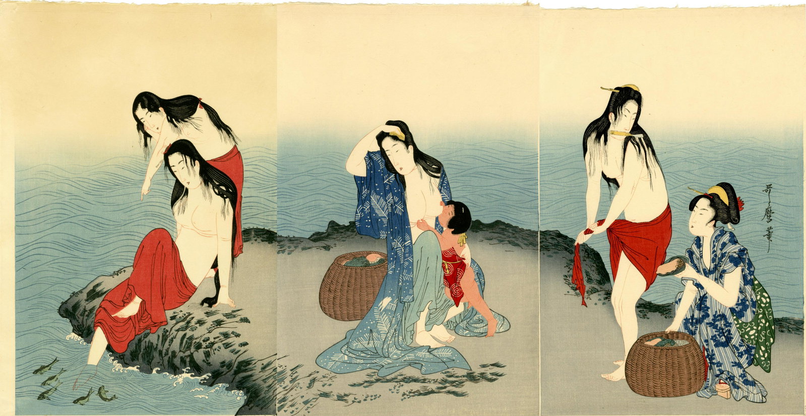 Utamaro Kitagawa: Abolone Divers Wodoblock Triptych: Japanese Woodblock Print, 1797, full title is "Awabitori Abalone Divers", from the series "Women's Handiworks," this is a Showa era edition printed from recarved woodblocks SIZE IN INCHES: oban tripty