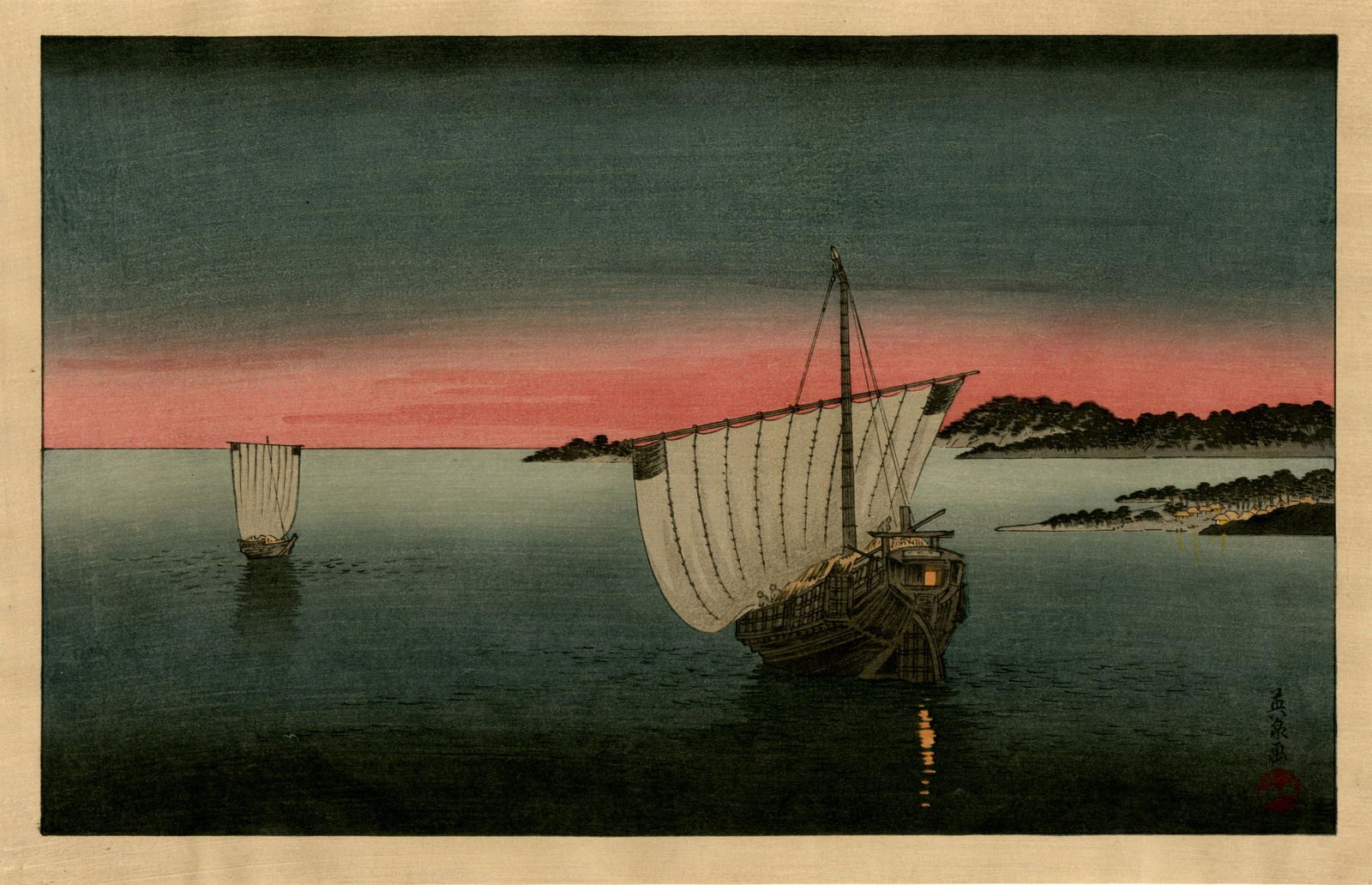 Eisen Keisai: Sailboats at Sunset 1930s Woodblock (1 of 2)