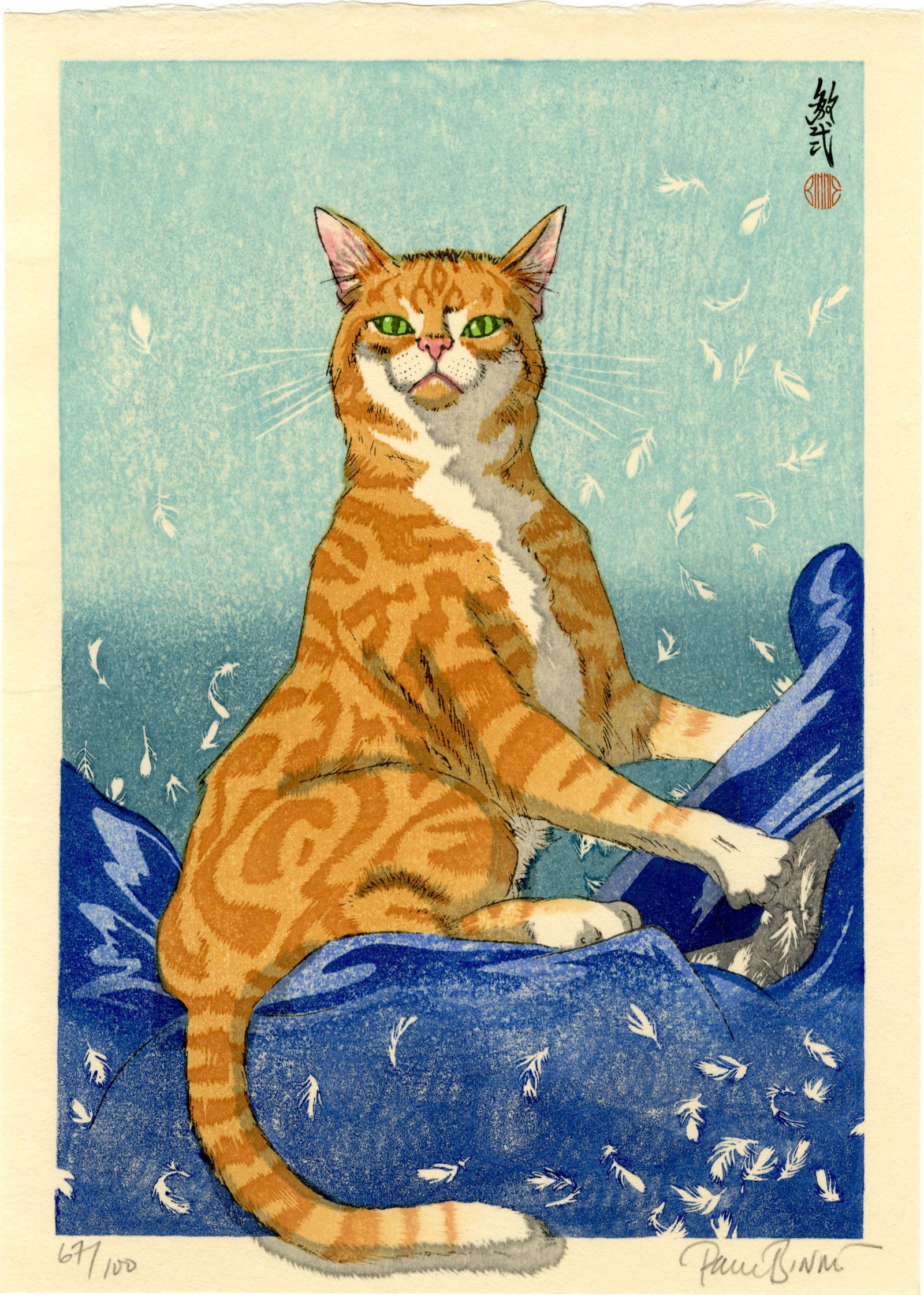 Paul Binnie: Cat Feathers (Blue) 1st Ed Woodblock (1 of 2)