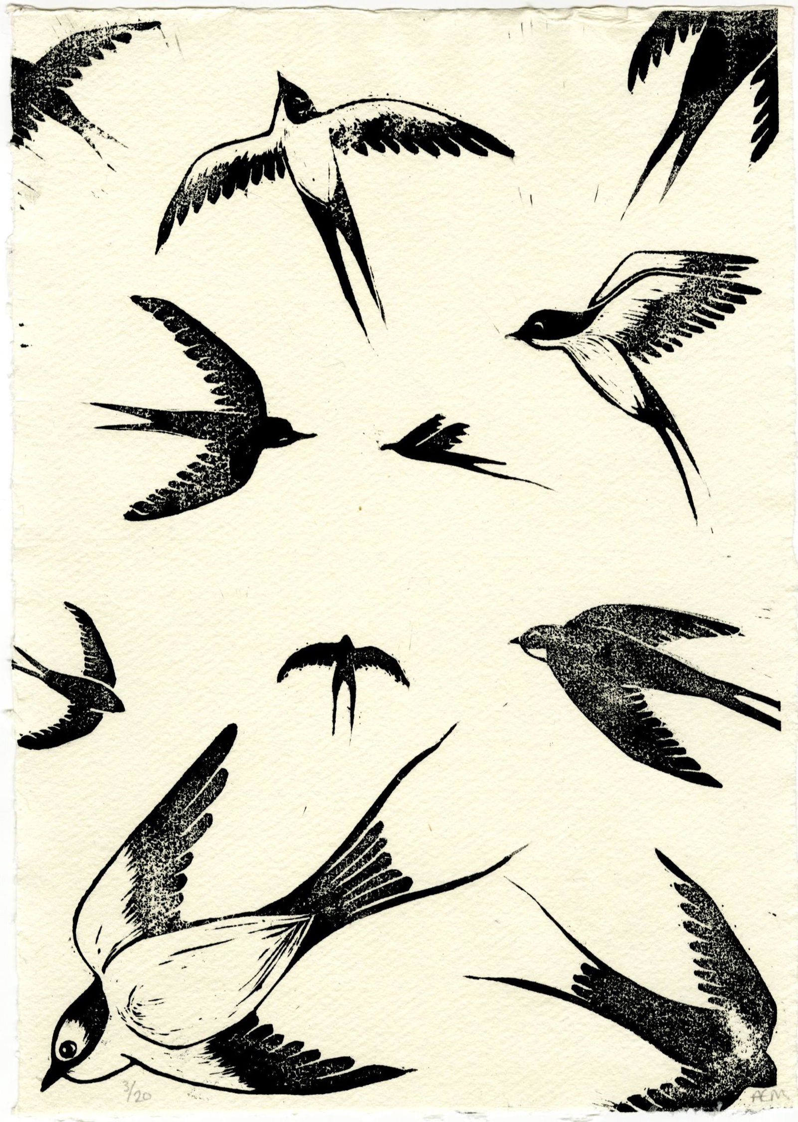 Not Signed: A Kettle of Swallows Woodblock: Japanese Style Woodblock Print, not dated, numbered 3/20 and initialed PEM SIZE IN INCHES: chuban, 8.5 x 11.75 inches COMMENTS: A group of swallows is collectively called a "kettle" of swallows.