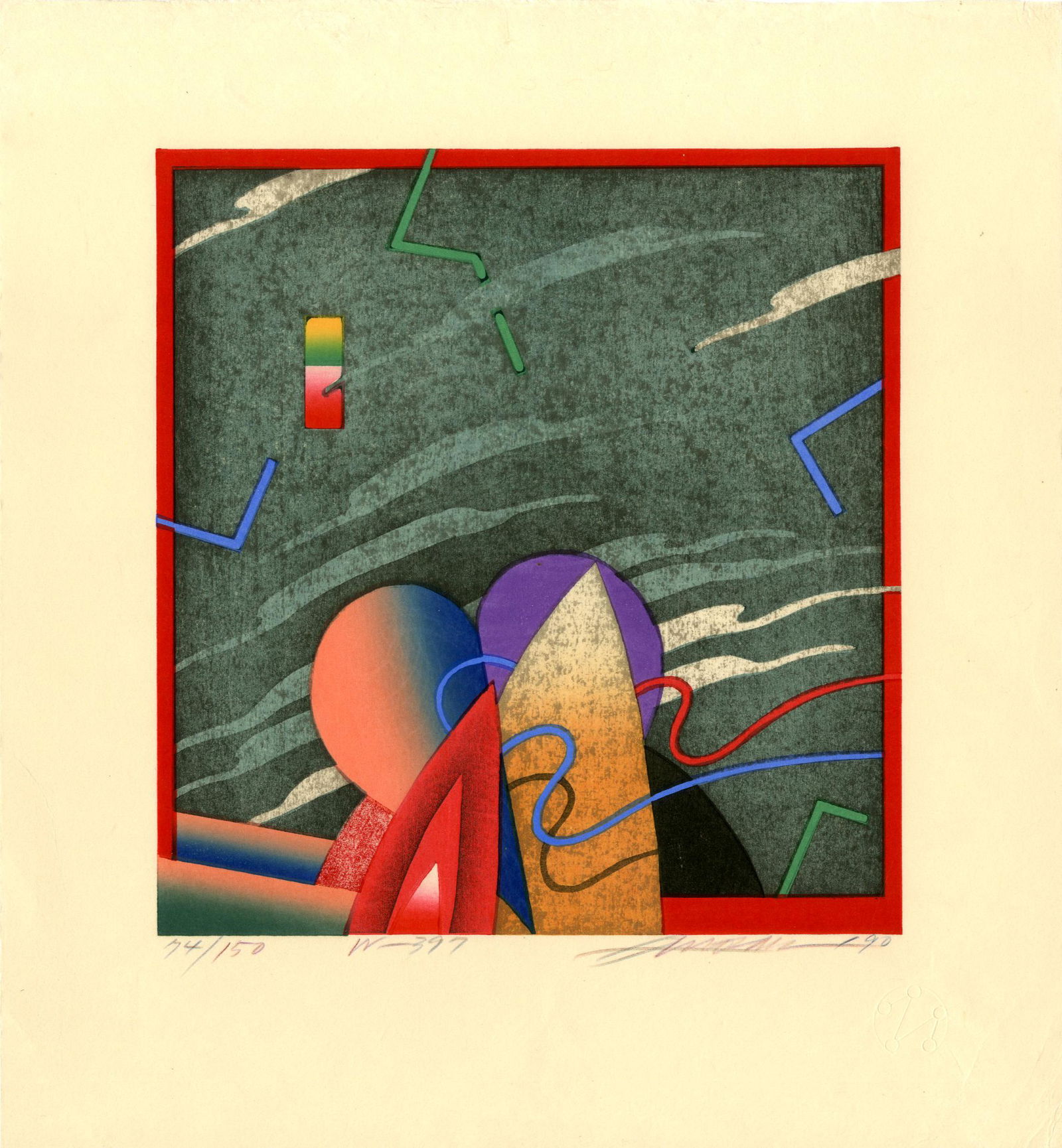 Akira Kurosaki: W-397 Abstract 1990 1st Ed Woodblock NR: Japanese Woodblock Print, 1990, self published, numbered 74/150, titled, signed, dated and sealed in the margin SIZE IN INCHES: 11.25 x 12.25 inches AKIRA KUROSAKIwas born in Dalien, Manchuria on Janu