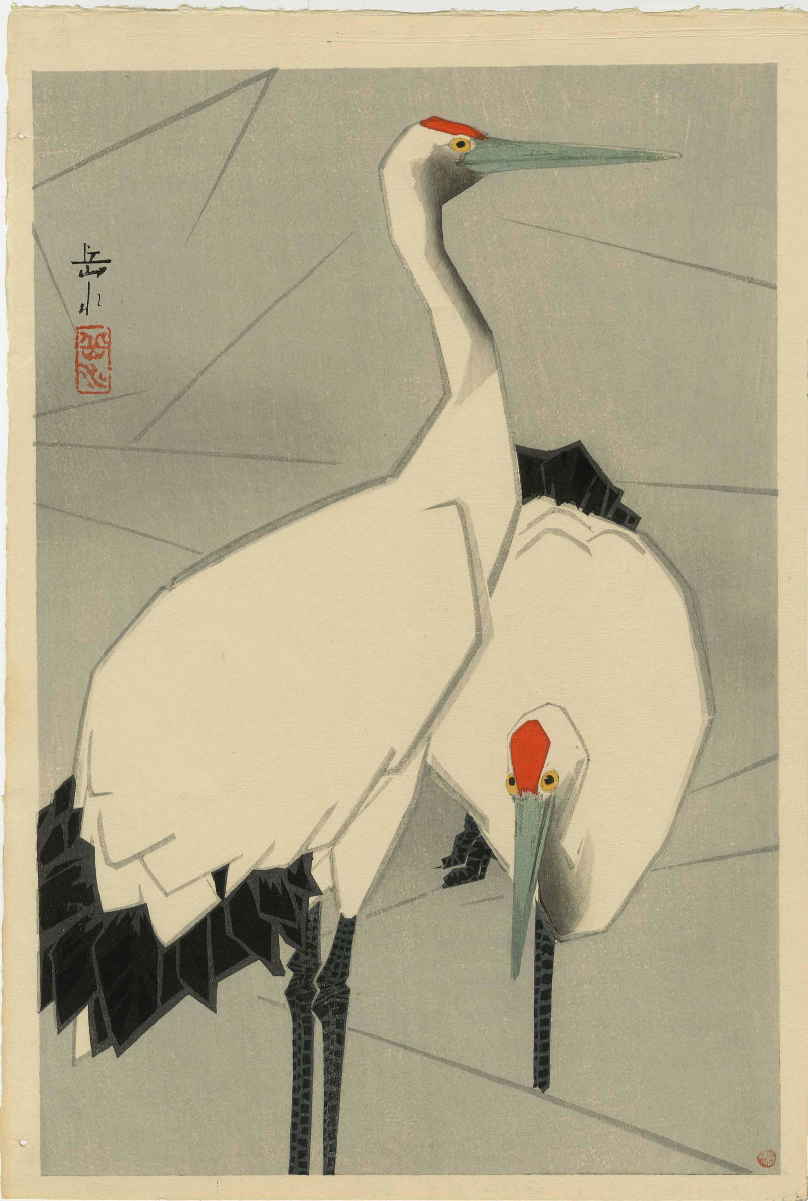 Gakusui Ide - Two Cranes (left) 1950 6mm woodblock (1 of 2)