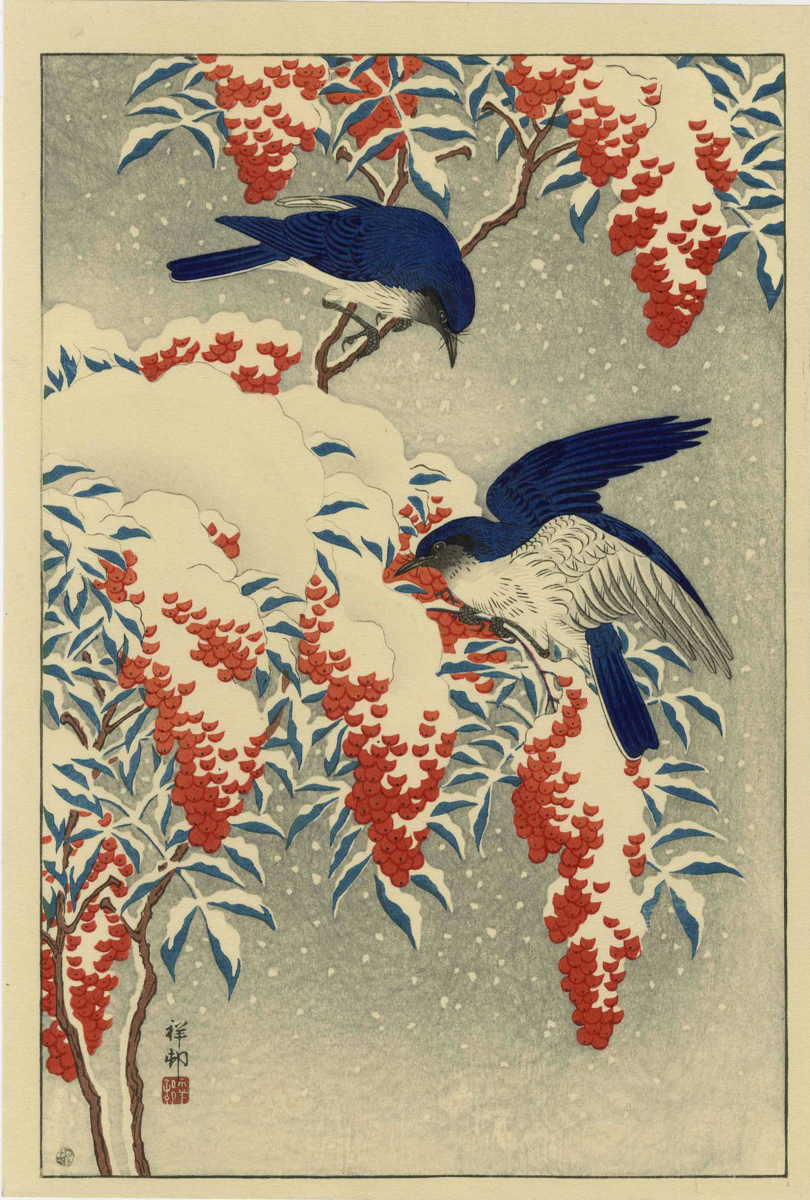 Koson Ohara - Nanten Bush, Fly-catchers Snow woodblock (1 of 2)