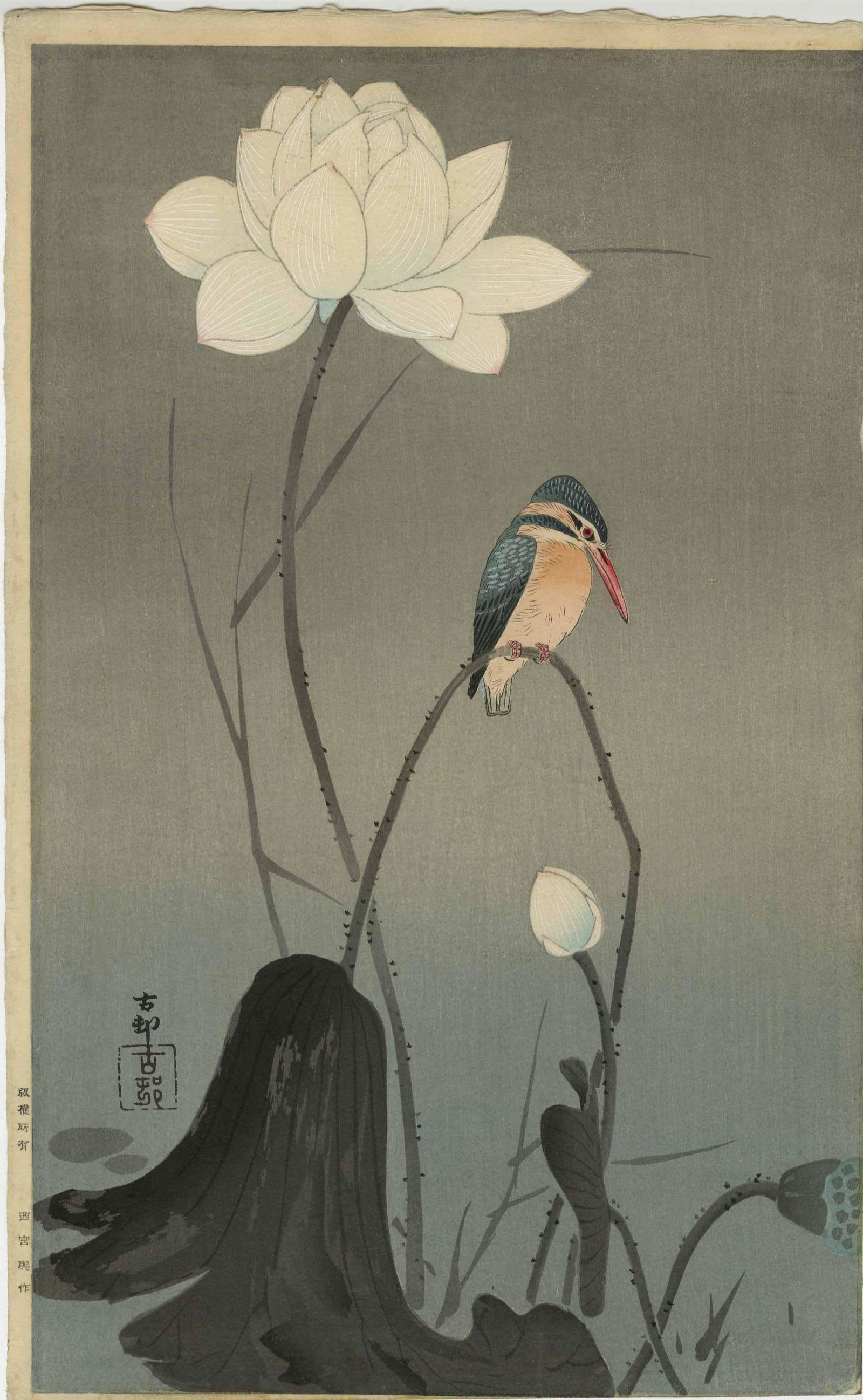 Ohara Koson - Kingfisher on Lotus c1920 woodblock RARE (1 of 2)