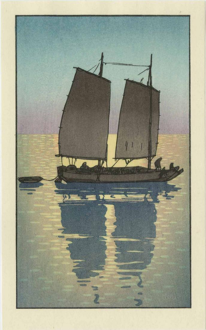 (After) Hiroshi Yoshida - Traditional Sailing Boat, Day: Japanese Woodblock Print, originally 1939 (by Hiroshi Yoshida), this a later 2001 print from a recarved large block-set, Mokuhankan Publisher (Tokyo). SIZE IN INCHES: 6 x 9 COMMENTS: Skillfully execut