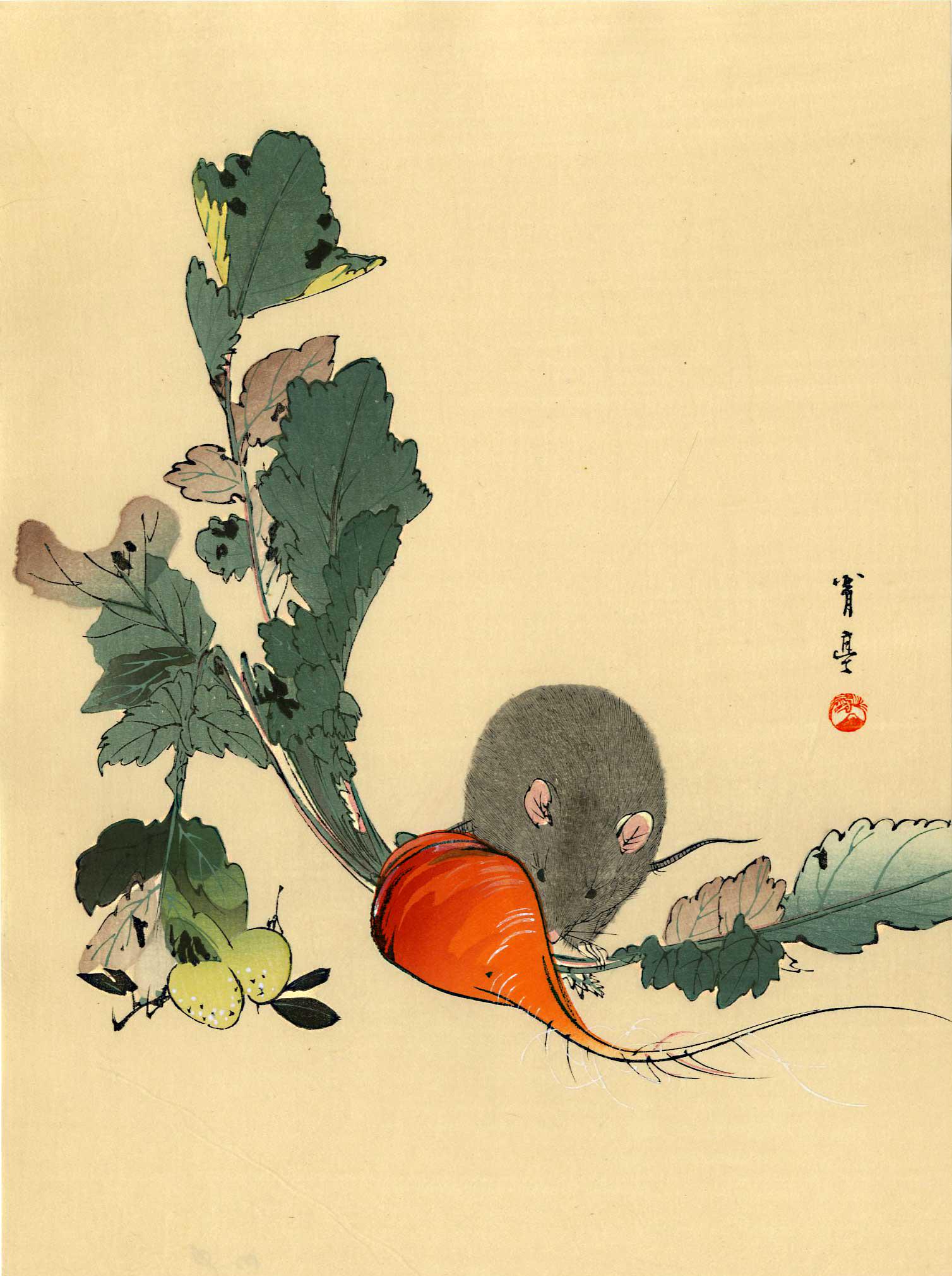 Watanabe Seitei: Mouse and Turnip 1930 Woodblock: Japanese Woodblock Print, 1930 published by the Shima Art Co. SIZE IN INCHES: chuban, 7.4 x 10.25 inches PROVENANCE: From the Robert O. Muller estate. SEITEI WATANABE (1851-1918) was born Yoshikawa Yo