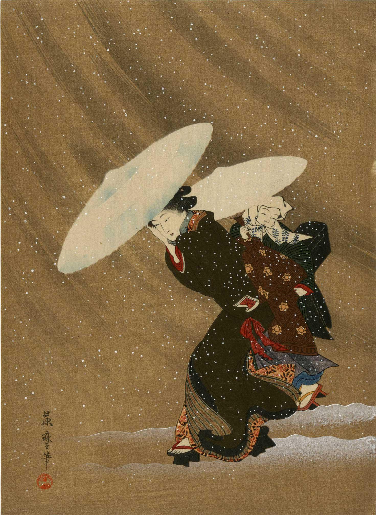 Fujimaro: Women Walking in Blizzard 1930s Woodblock (1 of 2)