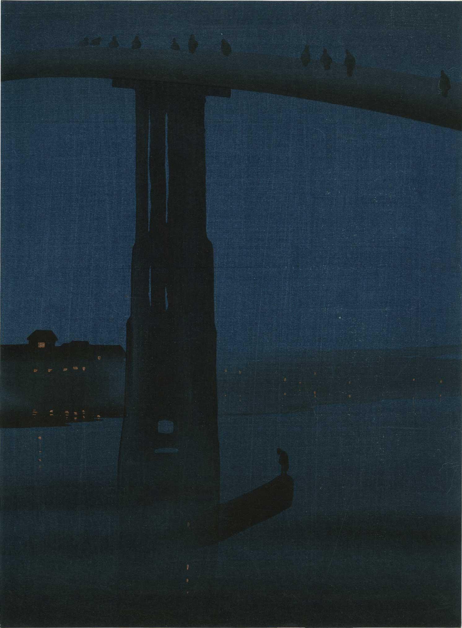 Eijiro Kobayashi: High Bridge by Night 1930s Woodblock (1 of 2)