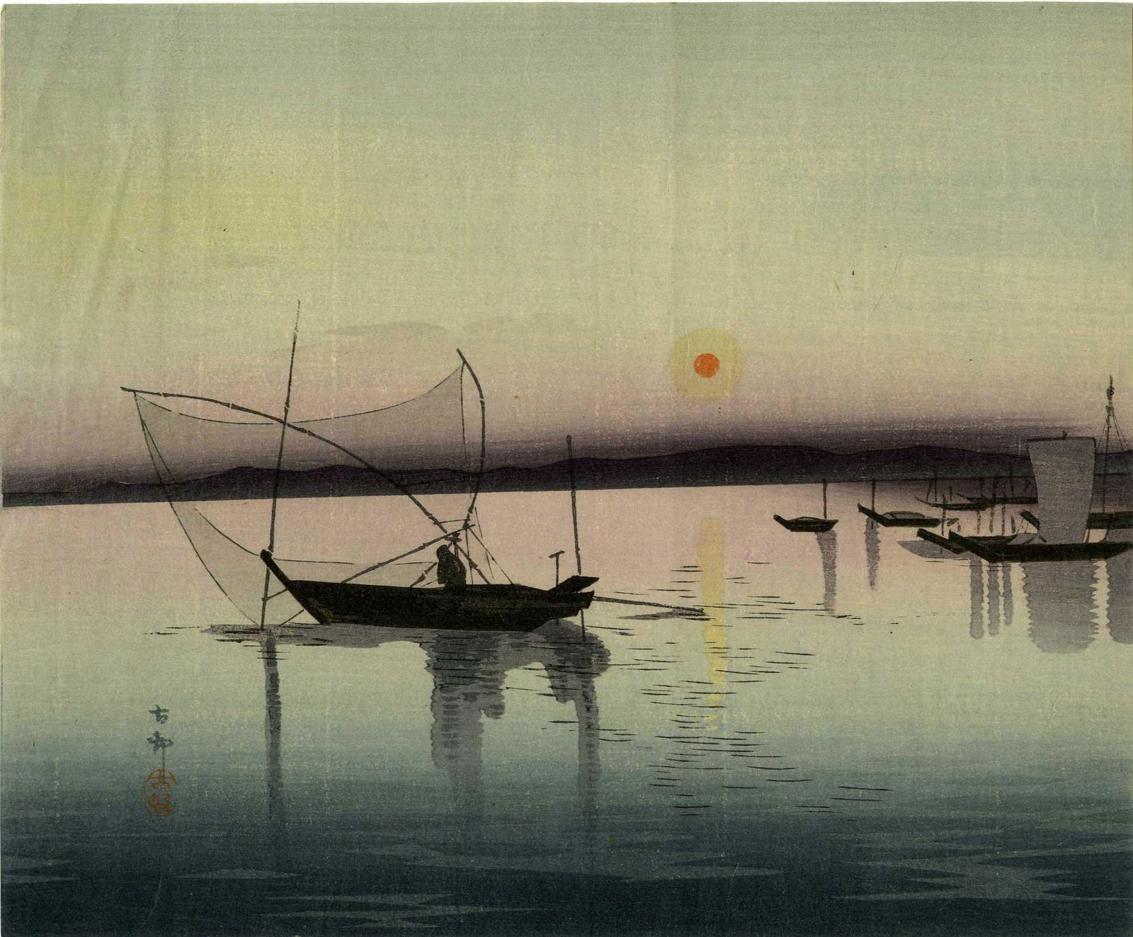 Ohara Koson: Fishing and Setting Sun c.1905 Woodblock (1 of 2)