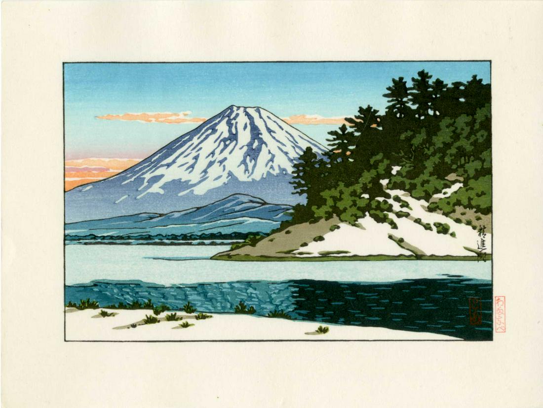 Hasui Kawase: Mt. Fuji and Lake Shoji Woodblock: Japanese Woodblock Print, undated, from the original blocks, published by Watanabe SIZE IN INCHES: 9 x 6.75 inches KAWASE HASUI (1883-1957) was a Japanese woodblock print maker in the early 20th centu
