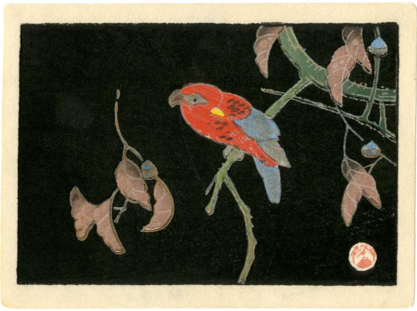 Jakuchu: Red Parrot 1930s Woodblock: Japanese Woodblock Print, 1930s , published by the Shima Art Co. SIZE IN INCHES: 4.1 x 3 inches PROVENANCE: From the Robert O. Muller estate