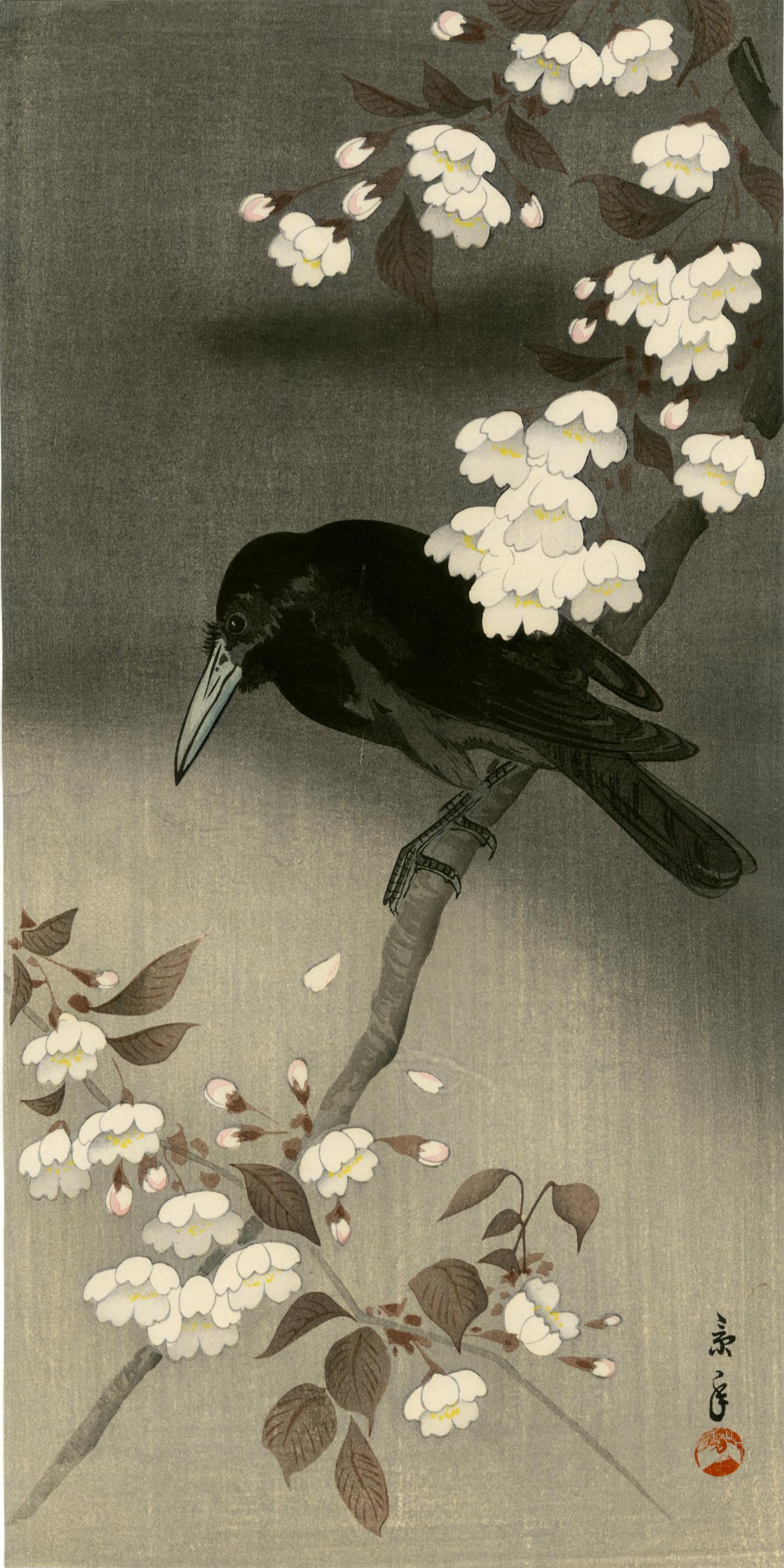 Keinen Imao: Crow on Cherry 1930s Woodblock (1 of 1)