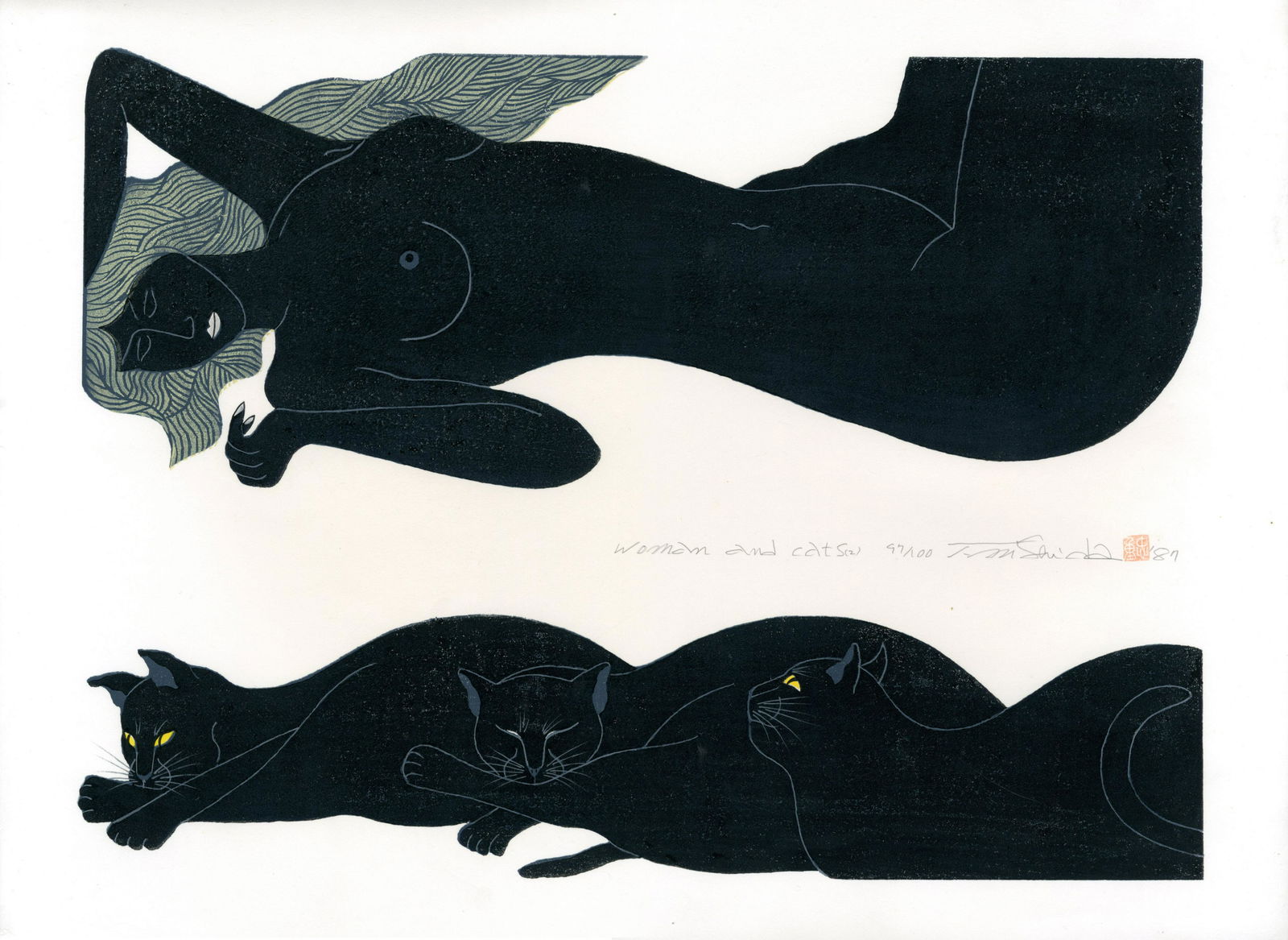 Nishida Tadashige: Woman and Cats 1987 Woodblock (1 of 2)