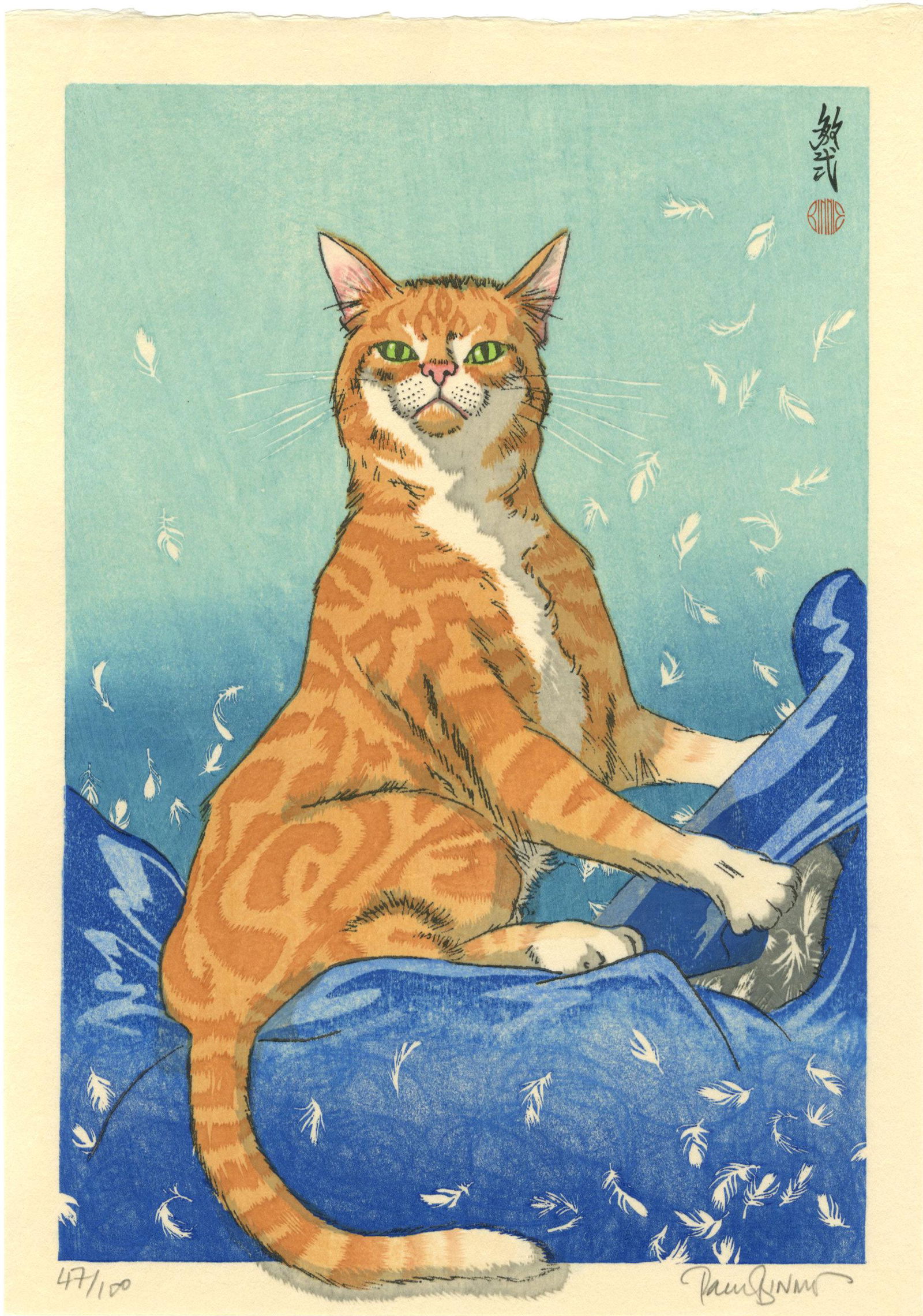 Paul Binnie: Cat Feathers (Blue) 1st Ed Woodblock: Japanese Woodblock Print, 2018, numbered 47/100, published and signed by Paul Binnie SIZE IN INCHES: 9.25 x 13.25 inches PAUL BINNIE (born 27 May 1967) is a Scottish artist working in the Japanese tra