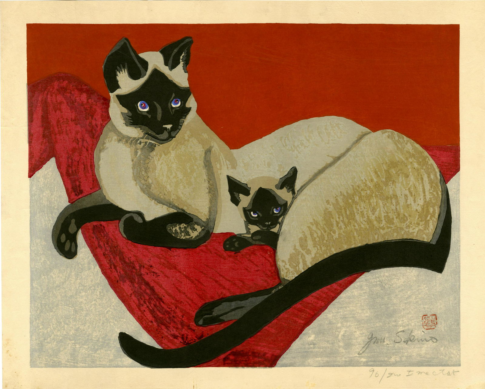 Sekino Junichiro: Siamese Cats 1960 1st Ed Woodblock (1 of 2)