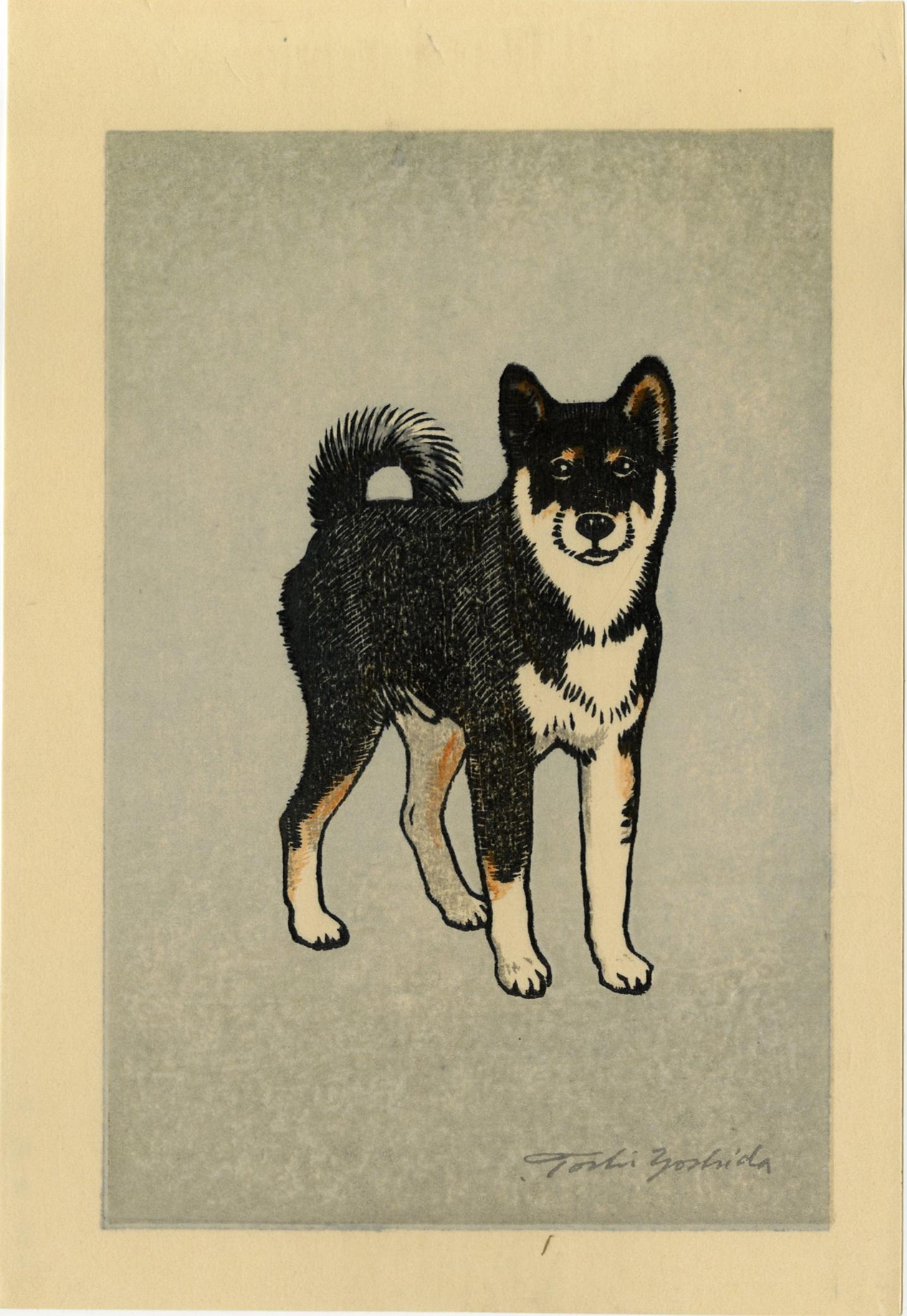 Toshi Yoshida: Monjiro Shiba Dog 1981 Woodblock NR: Japanese Woodblock Print, 1981, later embossed signature edition SIZE IN INCHES: chuban, 7.125 x 10.25 inches TOSHI YOSHIDA was the eldest son of Hiroshi Yoshida (1876-1950 who began teaching him when