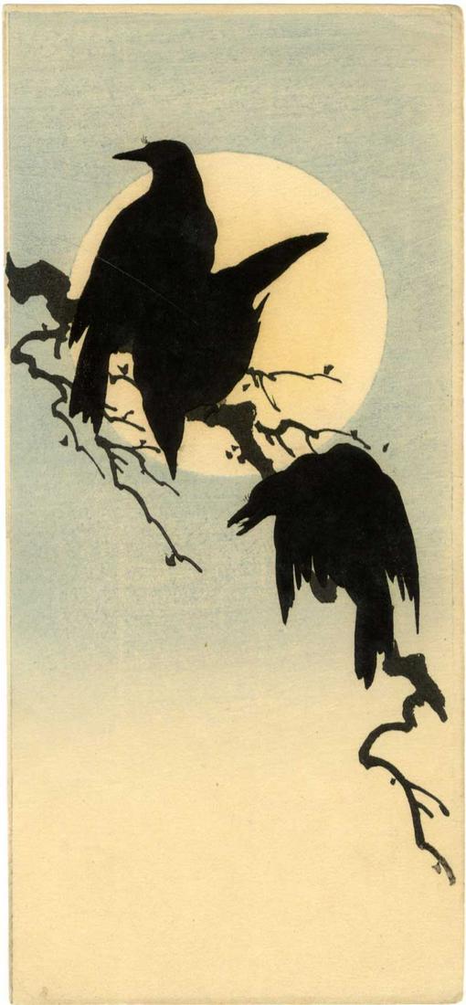 Shoda Koho - Crows and Moon c1920 Muller Est woodblock (1 of 2)