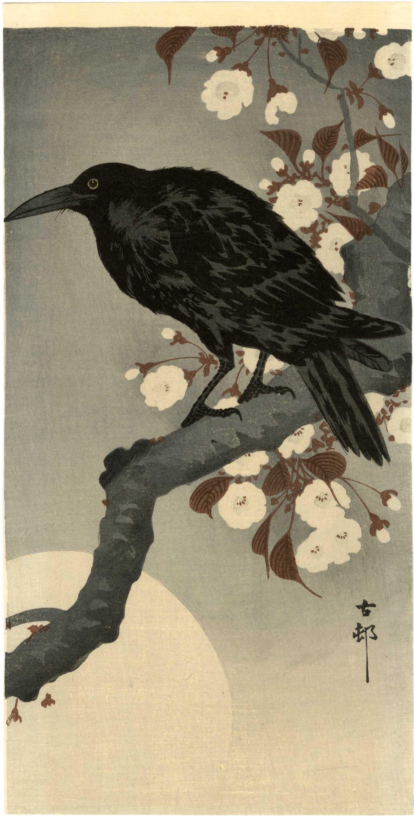Koson Ohara - Crow on Cherry Branch/Moon c1920 RARE (1 of 2)