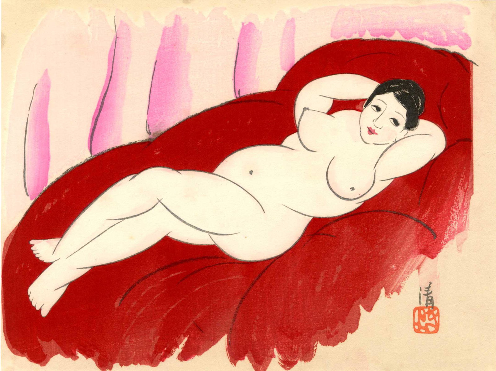 Kiyoshi Kobayakawa - Nude Red Couch 1929 woodblock RARE: Japanese Woodblock Print, 1929-30, Self Published, Rare. SIZE IN INCHES: 11 x 8 COMMENTS: Boldly printed in "semi-sosaku hanga" style with skillful "bokashi" shading, light "gauffrage" embossing, mica