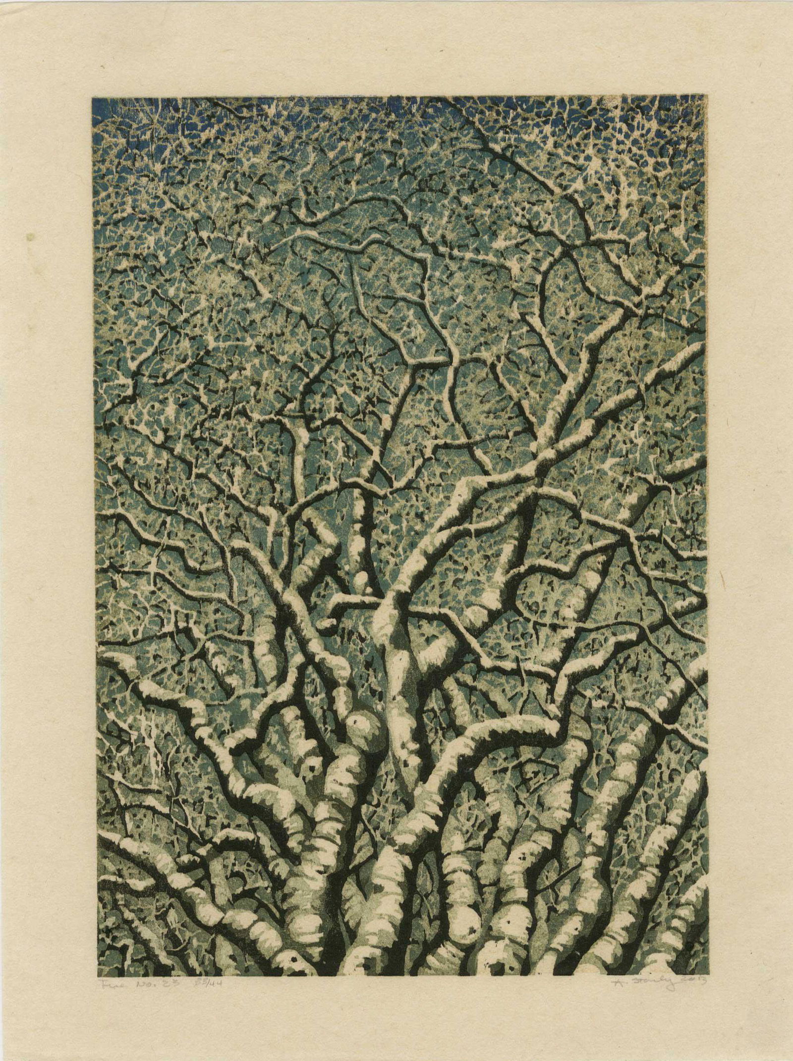 A. Starkey: Tree No. 23 1st edition Woodblock: Japanese style, Reduction Woodblock Print, 2013, 1st/only edition, self-published, numbered 33/44, titled, signed and dated in the bottom margin SIZE IN INCHES: 9 x 12 inches WHAT IS A REDUCTION WOODB