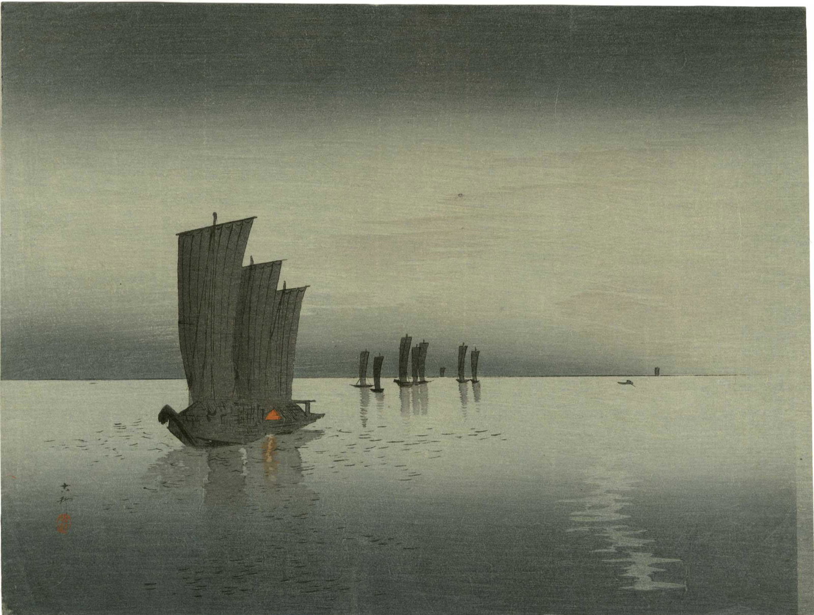 Ohara Koson: Fishing Boats c.1905 Woodblock: Japanese Woodblock Print, c.1905, published by Kokkeido SIZE IN INCHES: chuban, 11 x 8.25 inches COMMENTS: RARE Koson seascape from his earliest work. In 20 years of working with woodblock prints this